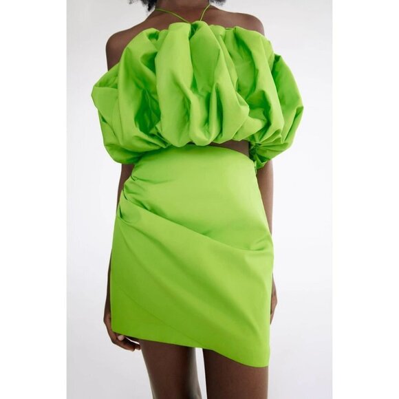 NWOT Zara lime green satin-effect gathered & draped high waisted mini skirt, S - Picture 3 of 15